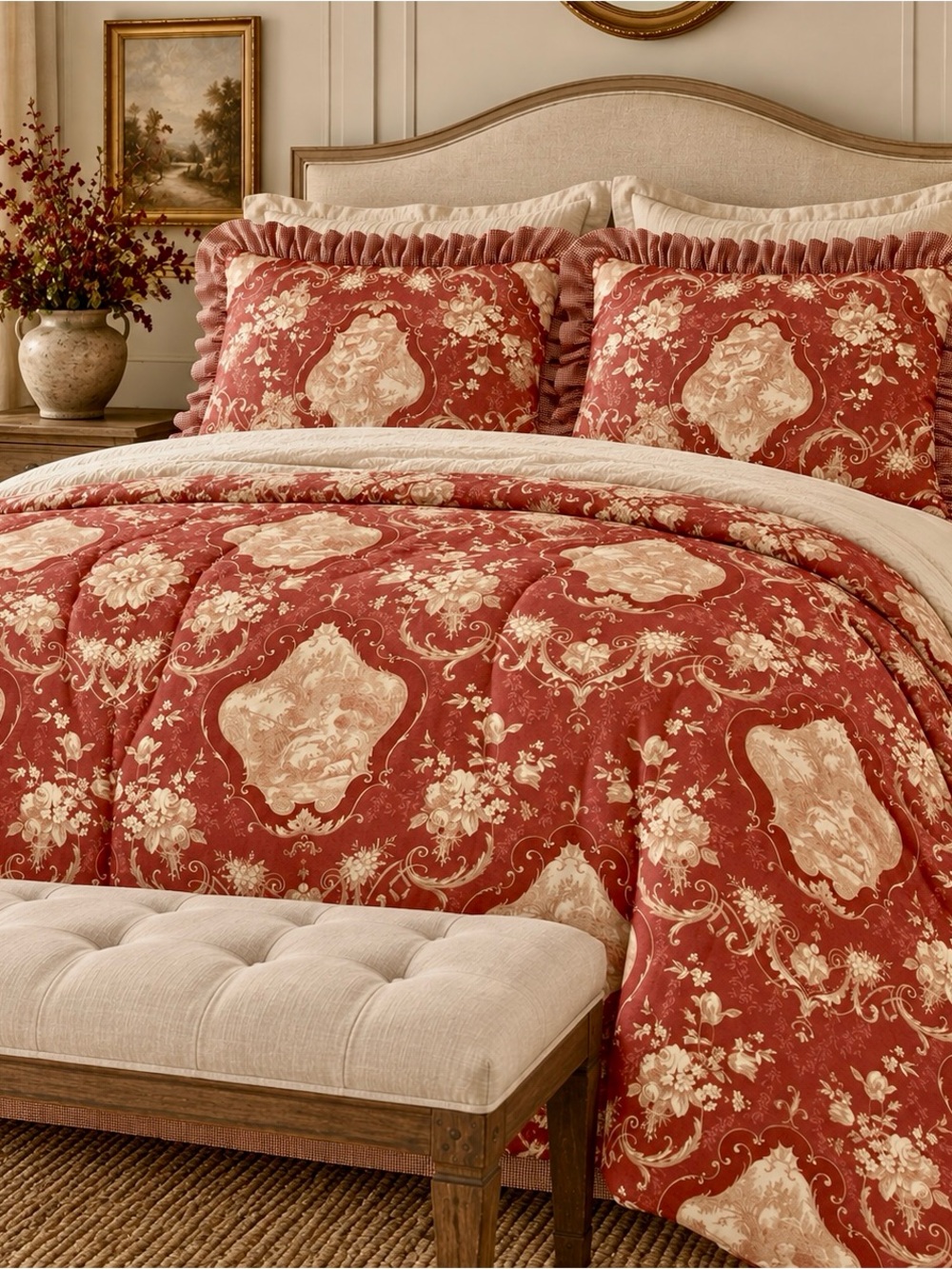French Country Floral Toile Medallion Comforter Set + 2 Pillow Shams • Full/Quee